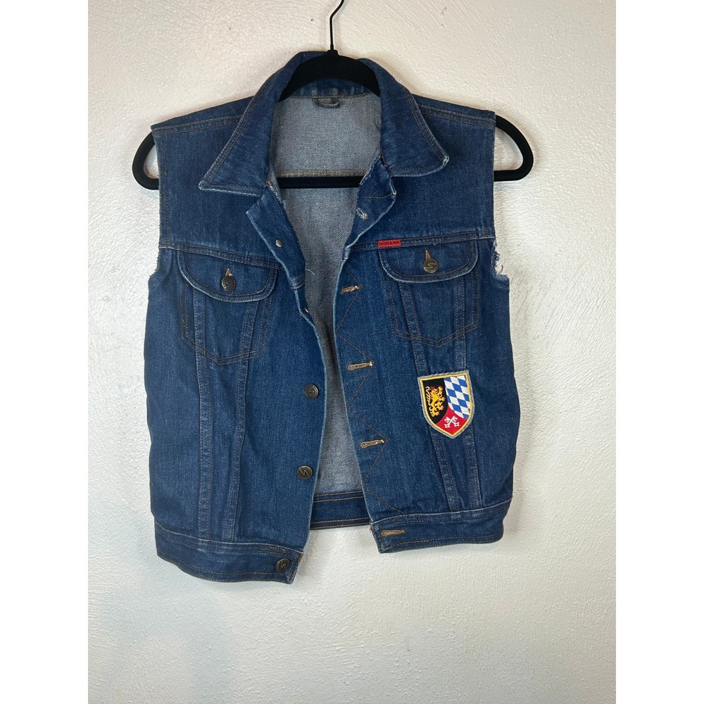 Vintage Indiana Polis Denim Vest Mens XS Blue Go Army Reserve Patch Trucker